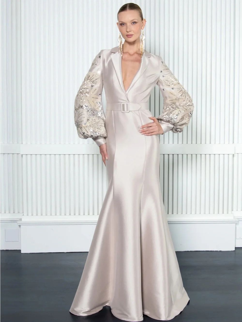 Badgley Mischka
Beaded Tulle-Sleeve Blazer Mermaid Gown